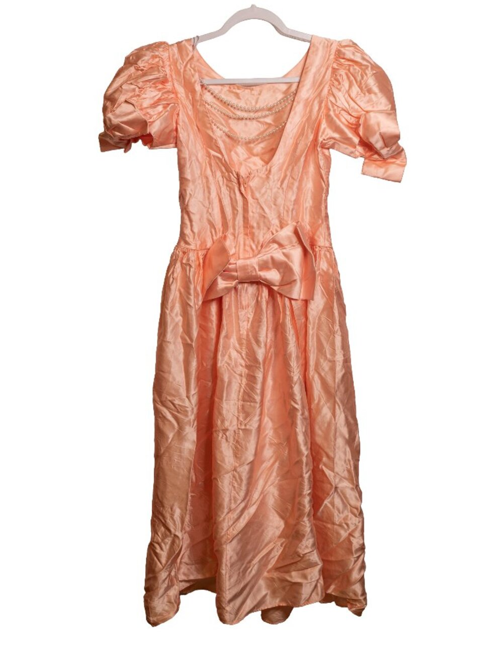 Vintage Handmade 80s 90s Peach Midi Satin Open Back Dress - 8M - Pearls & Bow